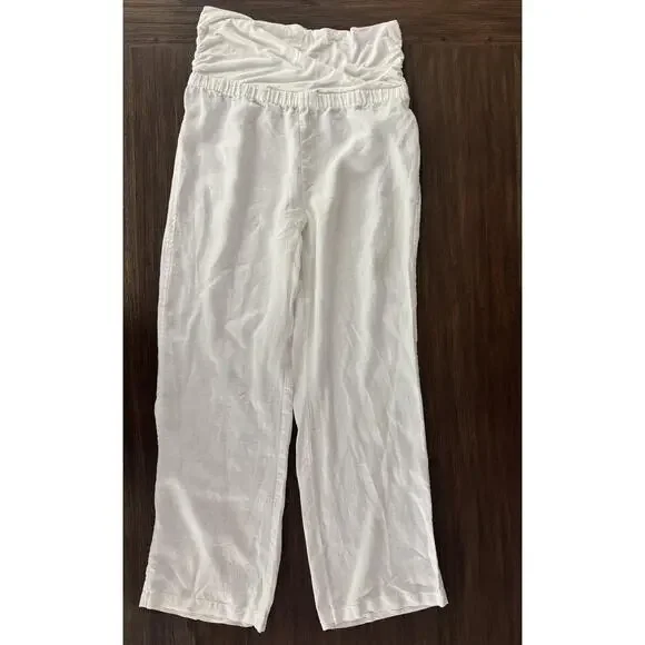 Saks Fifth Avenue Linen Pants Womens M/L White Yoga Elastic Waistband Wide Leg - Picture 5 of 11